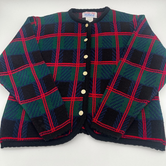 Vintage Tally Ho Cardigan Sweater Women’s Size PM Green Red Plaid Long Sleeve - Picture 1 of 6
